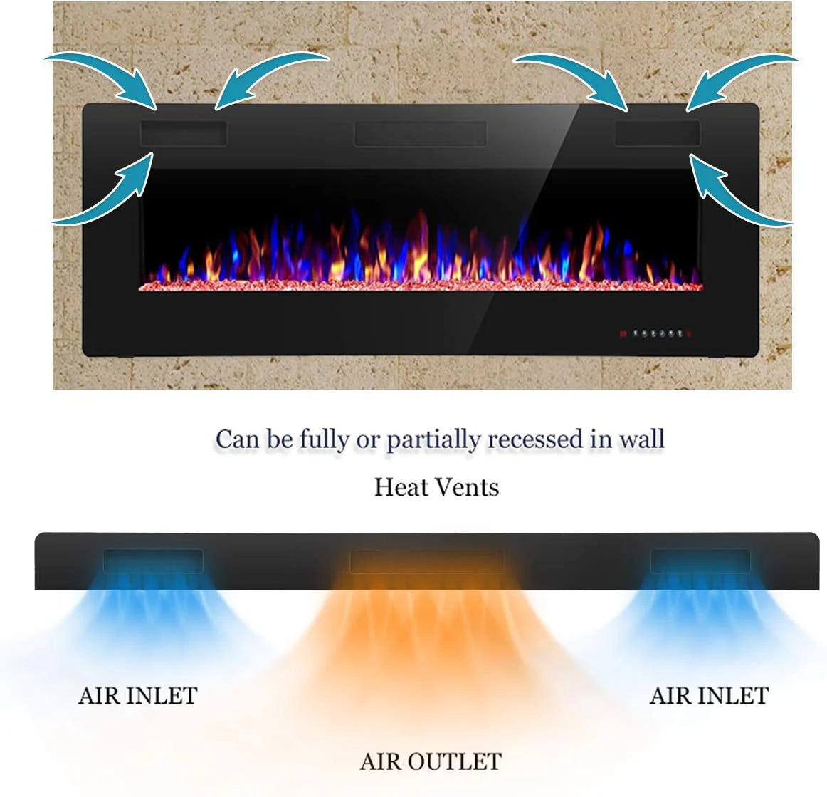 R.W.FLAME 60 Recessed and Wall Mounted Electric Fireplace, Low Noise, Fit for 2 x 6 Stud, Remote Control with Timer, Touch Screen, Adjustable Flame Color and Speed, 750-1500W