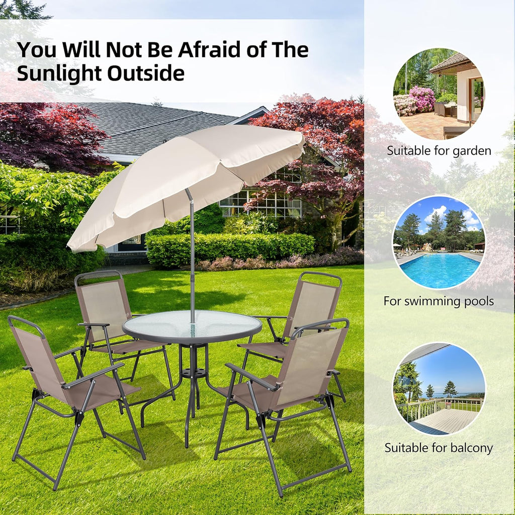 Vongrasig 6 Piece Folding Patio Dining Set,Small Metal Outdoor Garden Patio Table and Chair Set w/Umbrella for Lawn,Deck,Backyard,Black
