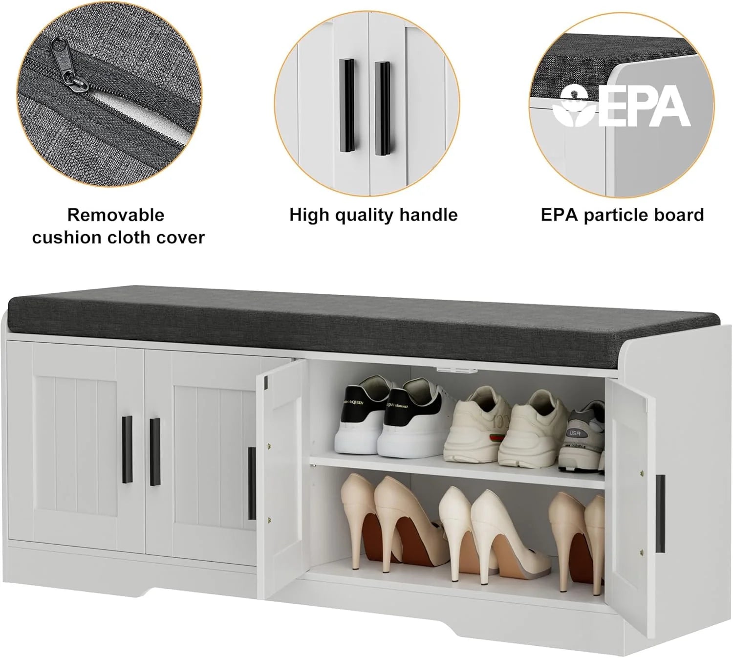 2-Tier Storage Bench, Shoe Bench with Thickened Padded Seat Cushion, Entryway Bench with 4 Doors, Adjustable Shelf, 13.8 D x 45.3 W x 18.5 H, for Entryway, Living Room, Bedroom, White