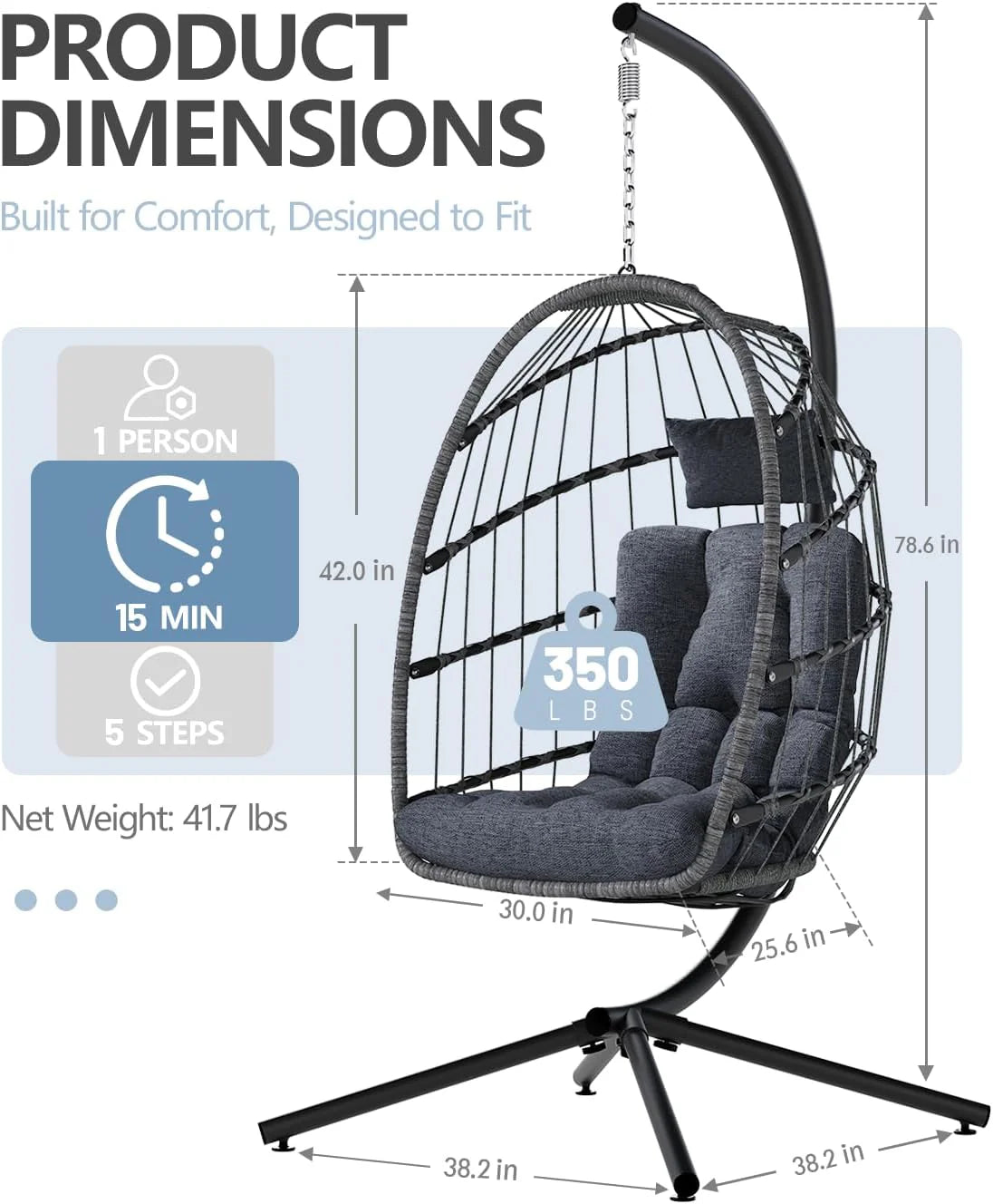 SWITTE Egg Chair Outdoor Indoor Wicker Hanging Egg Swing Chair 350lbs Capacity for Patio