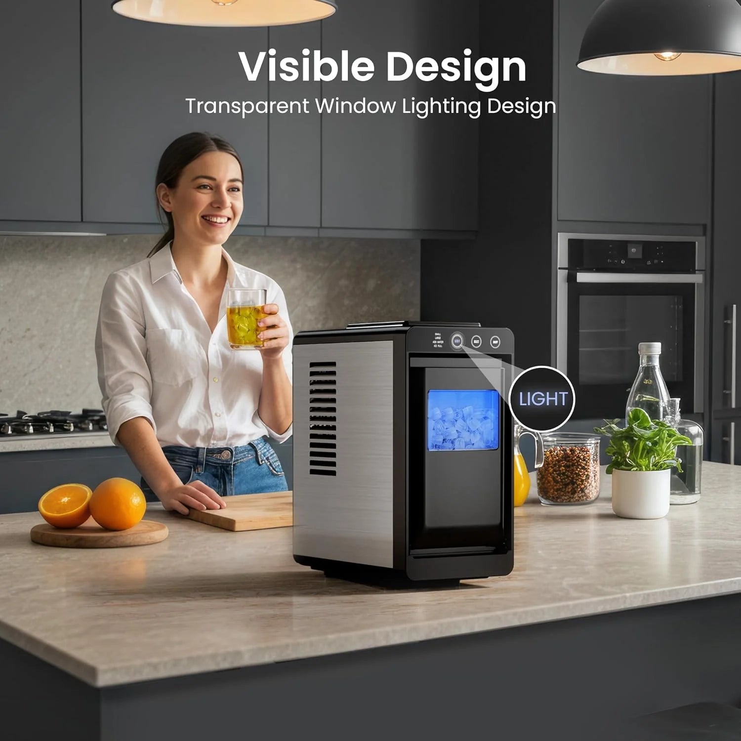 Kismile Ice Makers Countertop,26lbs in 24Hrs, Portable Ice Maker Machine with Self-Cleaning Function,Selectable Ice Size & Internal Lighting Desigh for Home/Kitchen/Bar