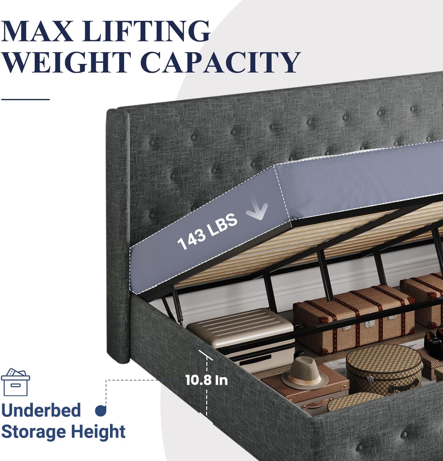 Allewie Queen Size Lift Up Storage Bed Modern Wingback Headboard Hydraulic Support