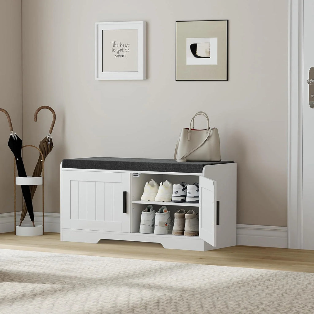 2-Tier Storage Bench, Shoe Bench with Thickened Padded Seat Cushion, Entryway Bench with 4 Doors, Adjustable Shelf