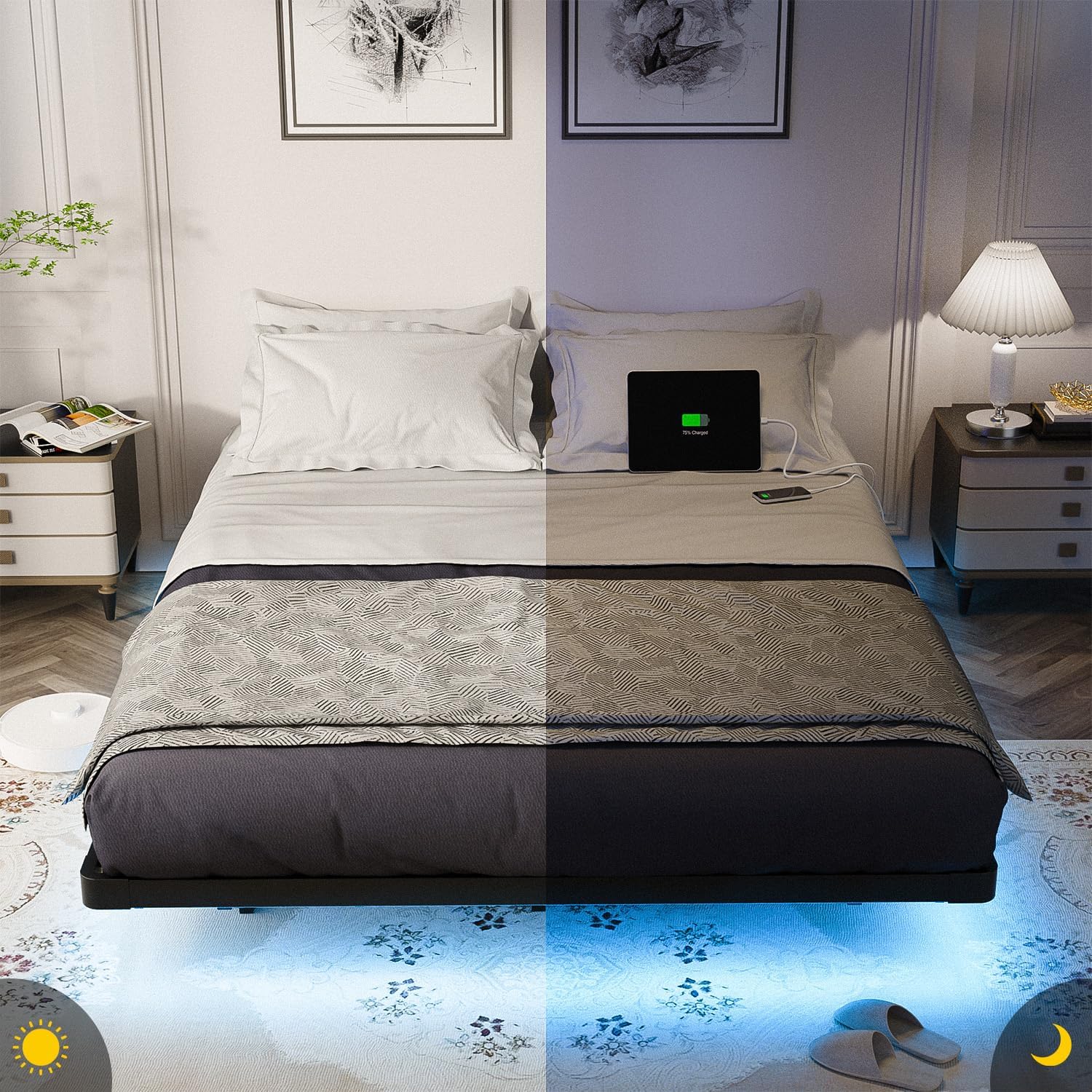 OLEVS Floating Bed Frame Queen Size with Smart LED Lights Modern Metal Platform Bed