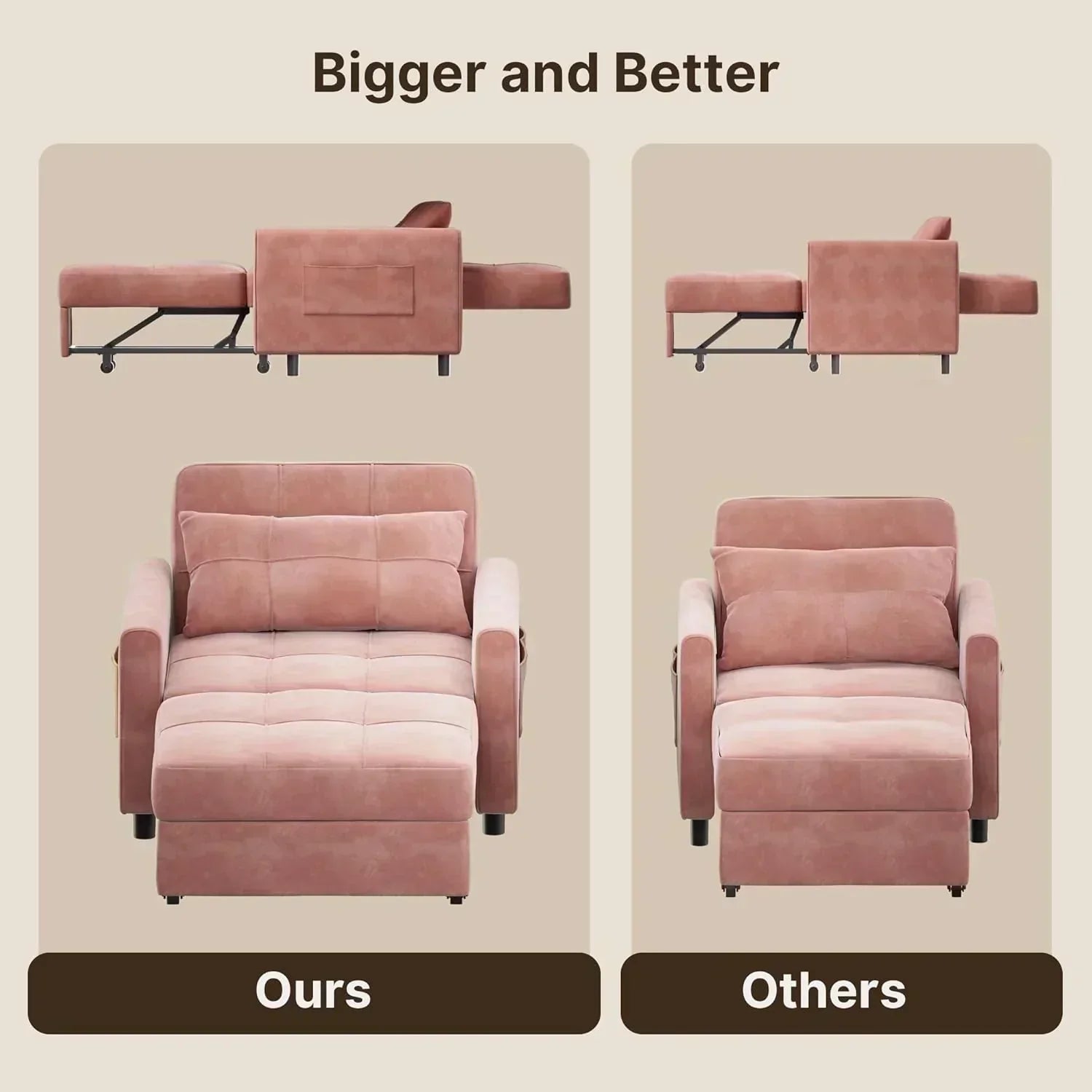 Sofa Bed Chair 3 in 1 Convertible Pullout Single Sleeper Chair Bed Spacious Multifunctional Sofa