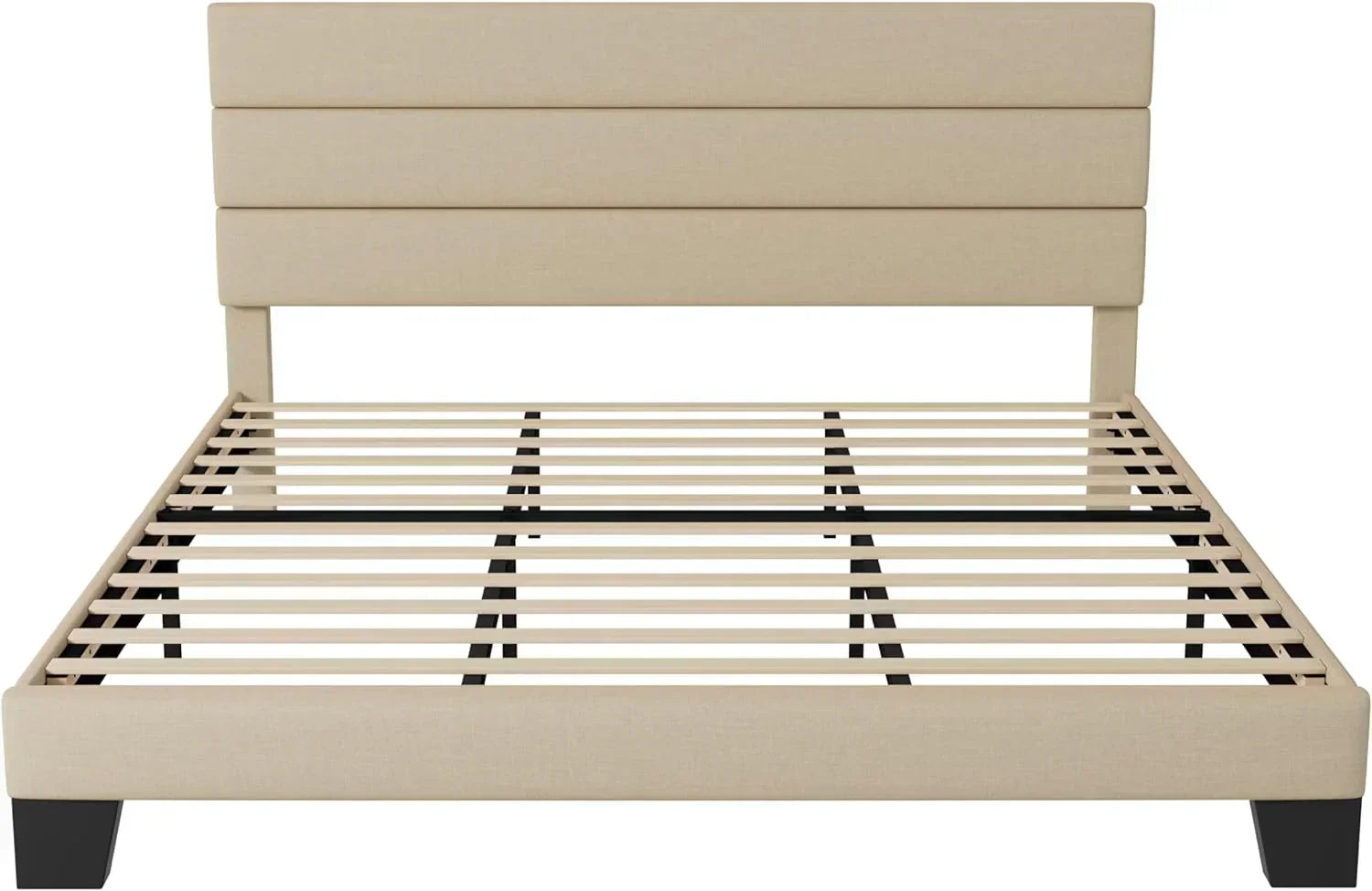 Allewie King size platform bed frame with velvet upholstered headboard and planks