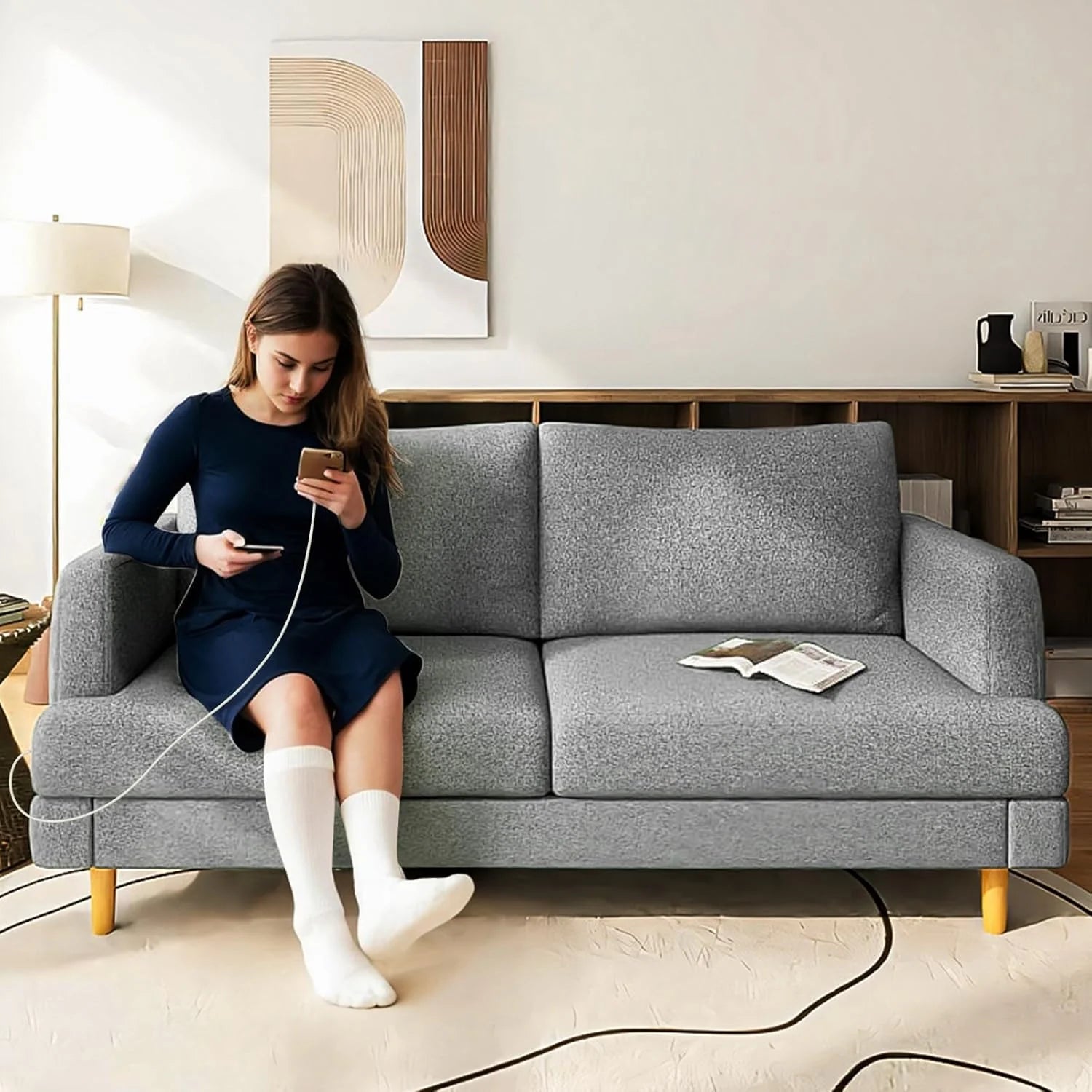 Loveseat Sofa Couch for Living Room USB Type C Ports Dark Gray Upholstered Small Couches