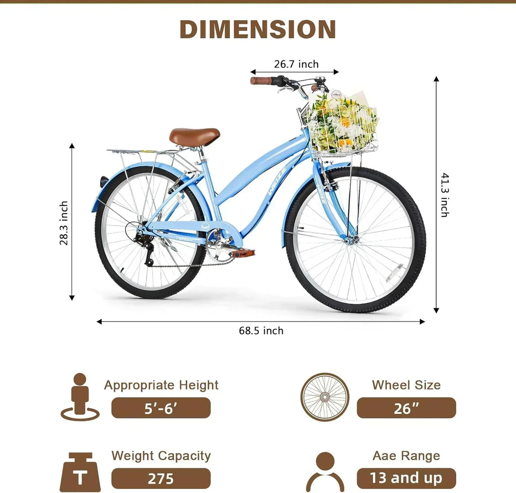 WEIZE Beach Cruiser Bike 26 inch Commuter Bicycle for Adult Men and Women 7-Speed/High-Carbon
