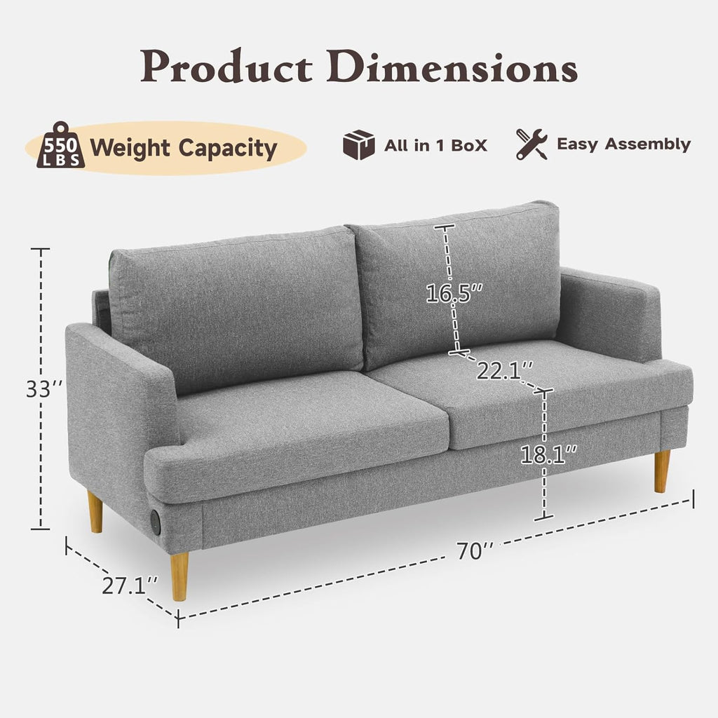 Loveseat Sofa Couch for Living Room with USB Type C Ports Dark Gray Upholstered Small Couches