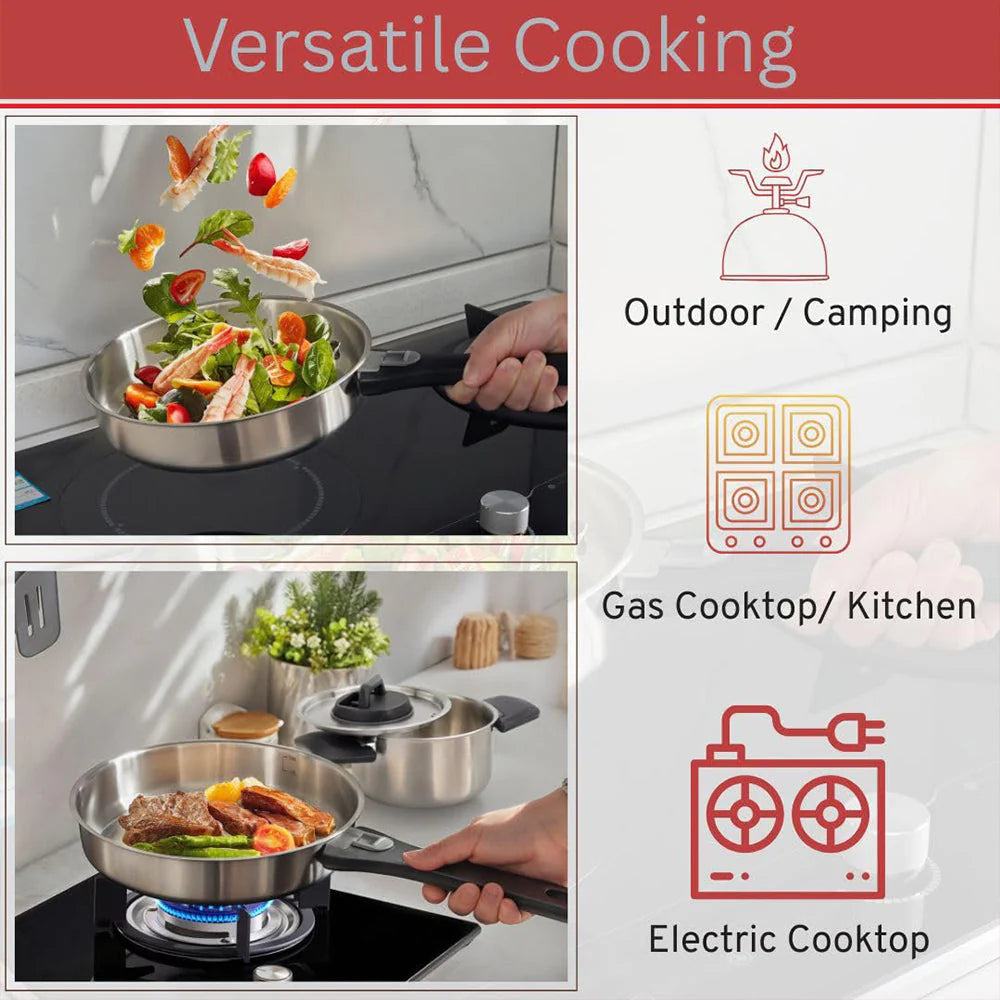 6 Piece Stainless Steel Nesting Camping Cookware Set with Detachable Handle Frying Pan