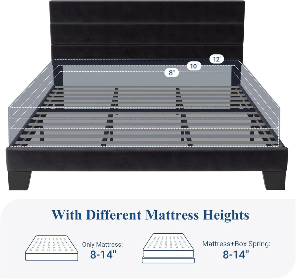 Allewie Queen Size Platform Bed Frame Fabric Upholstered Headboard Wooden Slats Support
