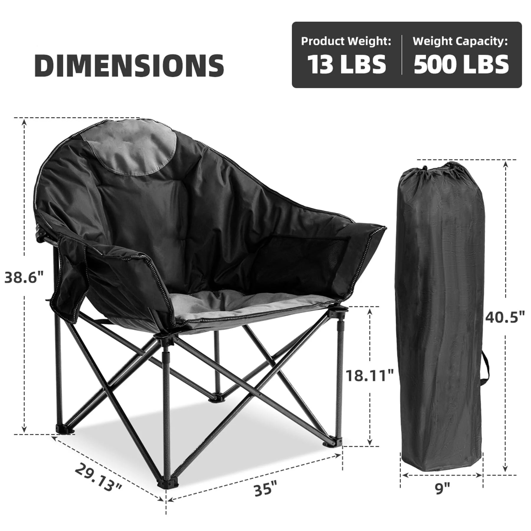 Oversized Heavy Duty Moon Saucer Camping Chair 500 lbs with Cup Holder Storage Pocket Carry Bag