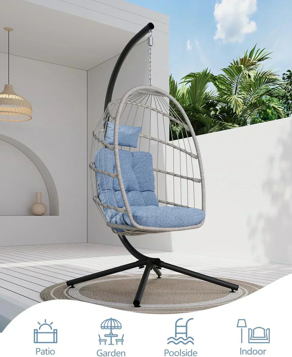 SWITTE Egg Chair Outdoor with Stand Indoor Wicker Hanging Egg Swing Chair with Cushion