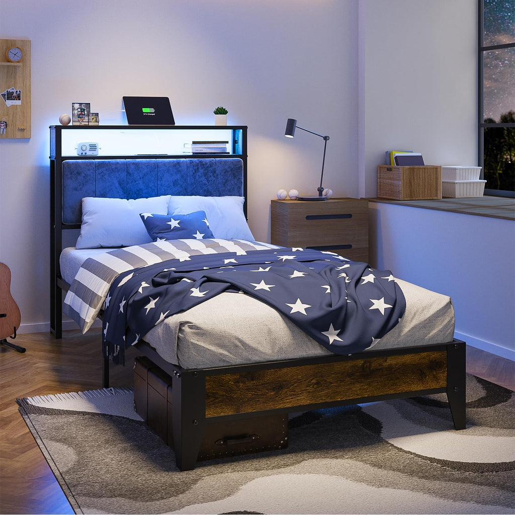OLEVS Single Bed Frame LED Light Storage Headboard Type C Charging Station Metal Platform Bed