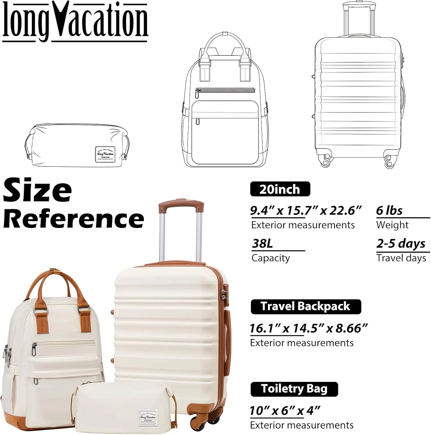LONG VACATION 6 Piece Luggage Set Carry on Suitcase with ABS+PC hardshell, Spinner Wheels & YKK Zipper TSA Lock