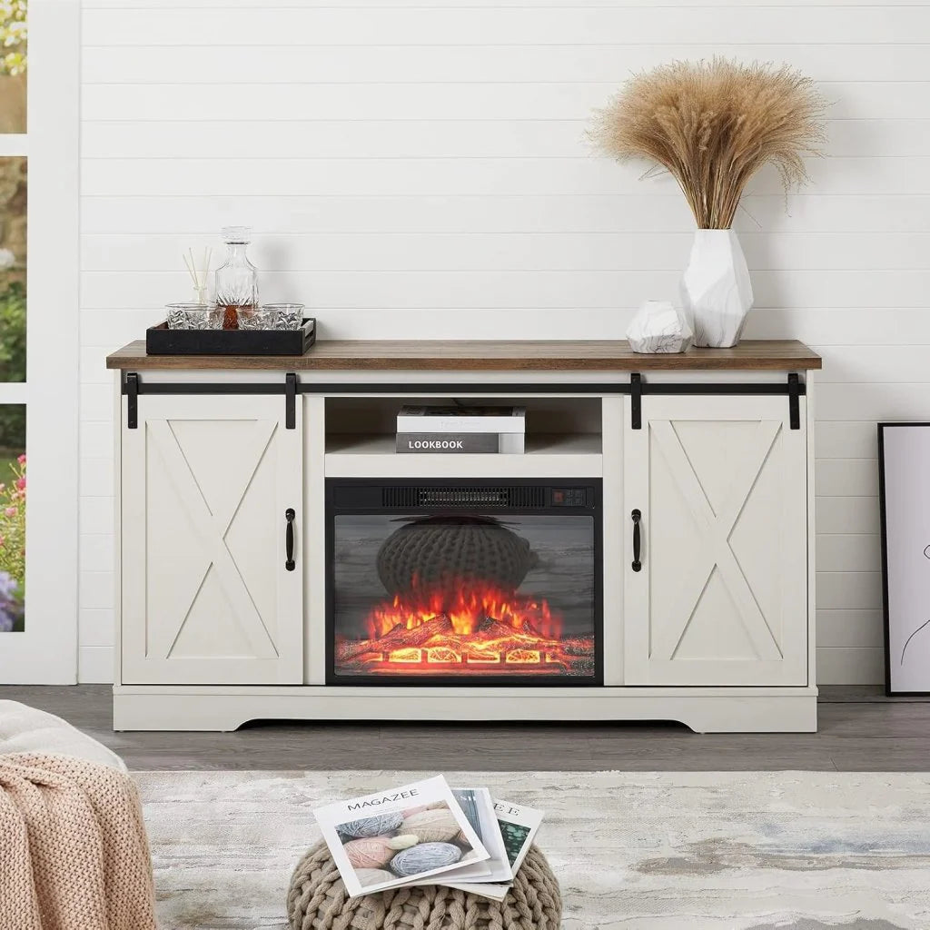 AMERLIFE Fireplace TV Stand with Sliding Barn Door for TVs up to 73, Farmhouse 63 Fireplace Entertainment Center with Storage Cabinets/Adjustable Shelves