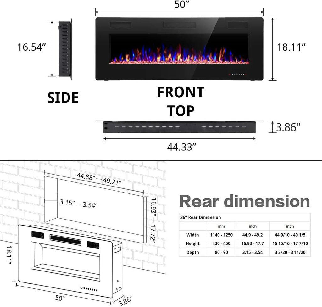 R.W.FLAME 60 Recessed and Wall Mounted Electric Fireplace, Low Noise, Fit for 2 x 6 Stud, Remote Control with Timer, Touch Screen, Adjustable Flame Color and Speed, 750-1500W