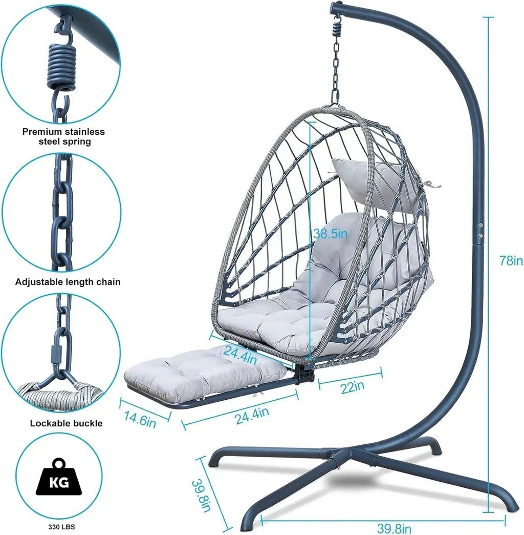 Hanging Egg Chair with Stand and Leg Rest Rattan Wicker Swing Hammock Chair UV-Resistant Cushion