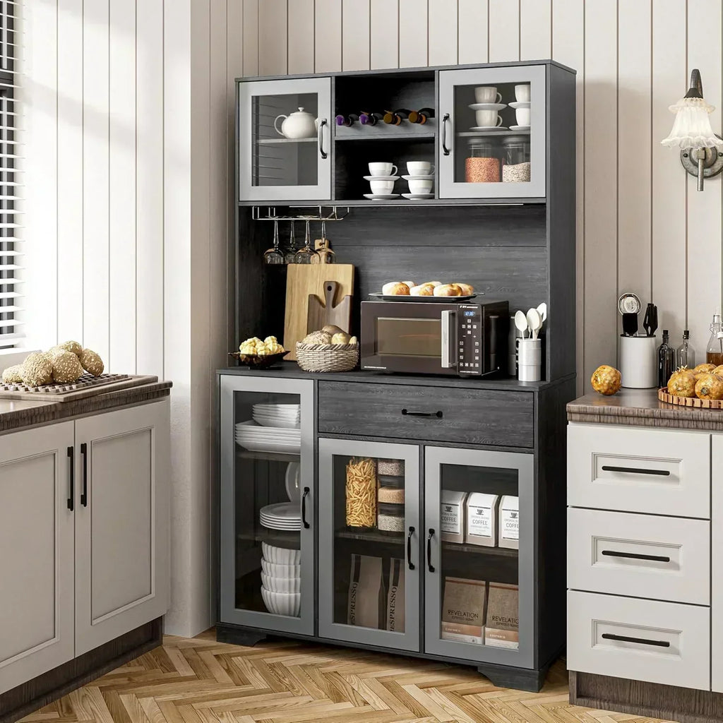Kitchen Hutch Pantry Cabinet 71 Tall with Glass Doors