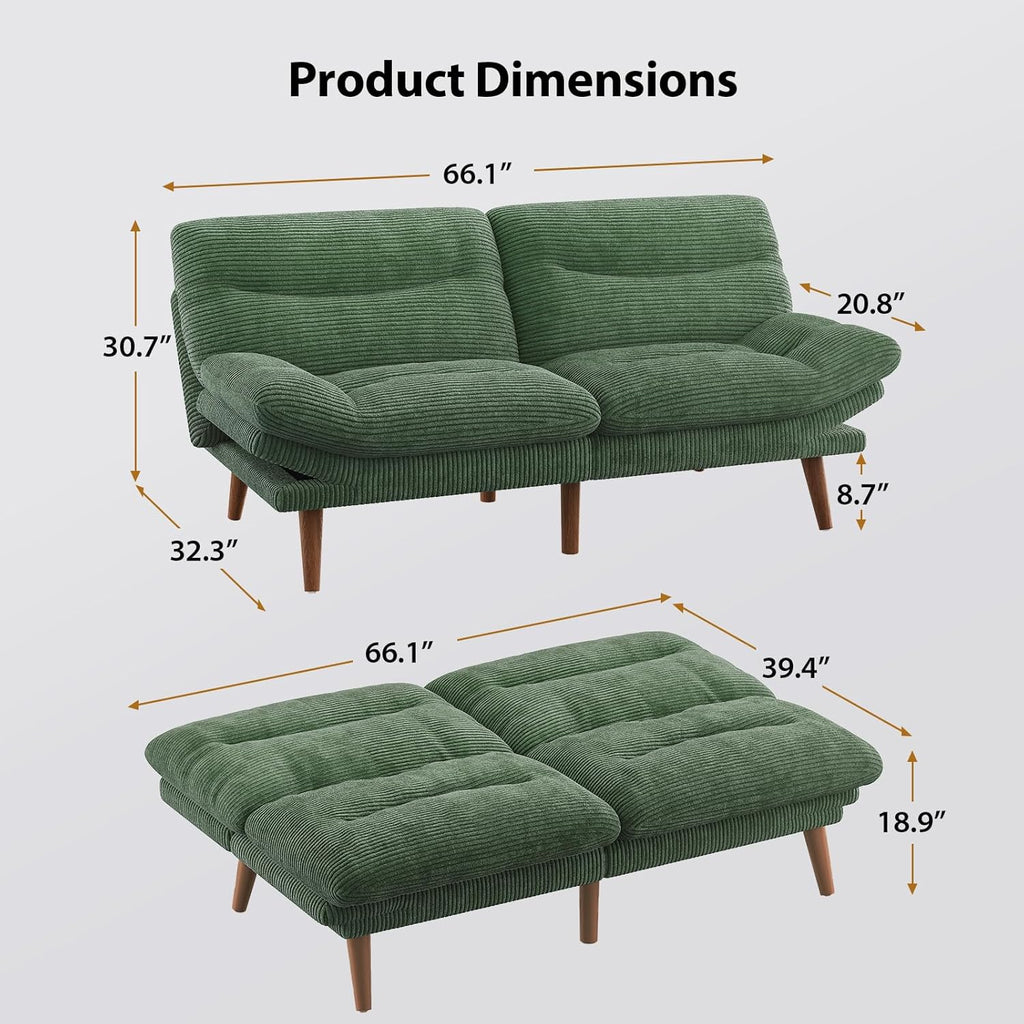 Pipishell Convertible Futon Sofa Bed,66 Corduroy Futon Couch with Adjustable Backrest and Armrests, Recliner Sleeper Sofa for Small Spaces, Play Room or Office, Grey