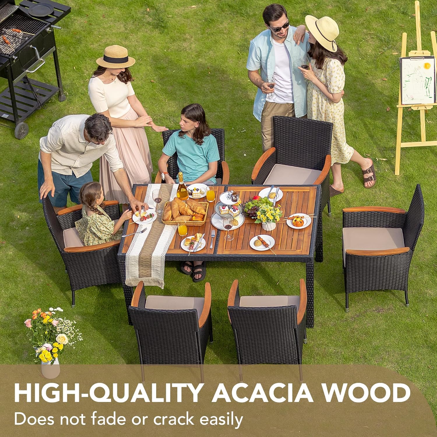 Devoko Dining 7 PCS Furniture Patio Conversation Set with Acacia Wood Table Top Rattan Outdoor