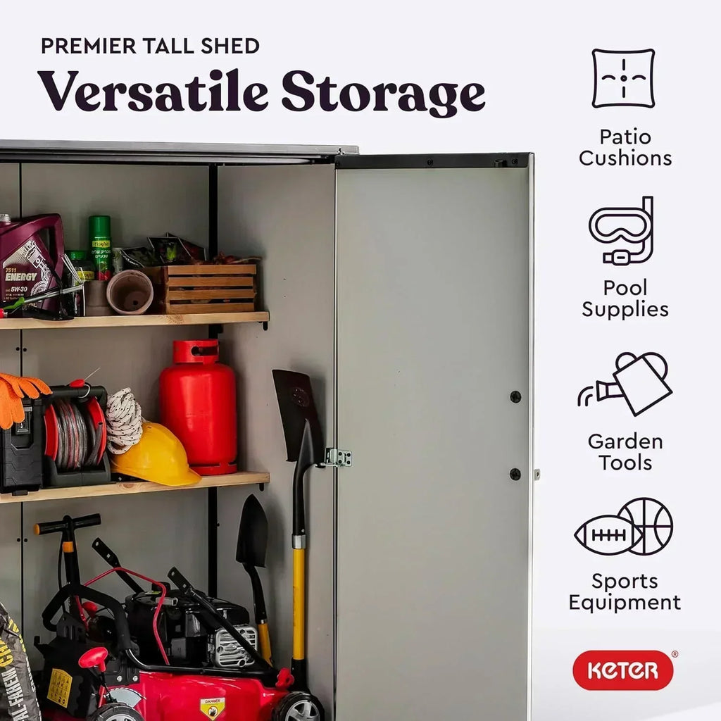 Keter Premier Tall 4.6 x 5.6 ft. Resin Outdoor Storage Shed with Shelving Brackets Patio Furniture