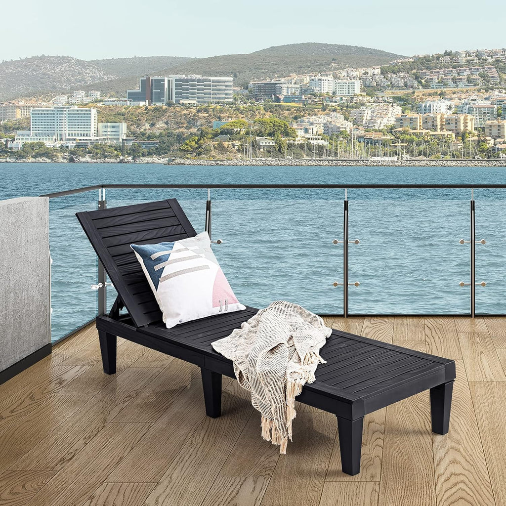 Outdoor Chaise Lounge Chair, Lightweight Patio Lounge Recliner Chair with Adjustable Backrest, 5 Reclining Positions Chaise Lounger for Patio, Beach, Balcony, Poolside, Backyard (1, Black)