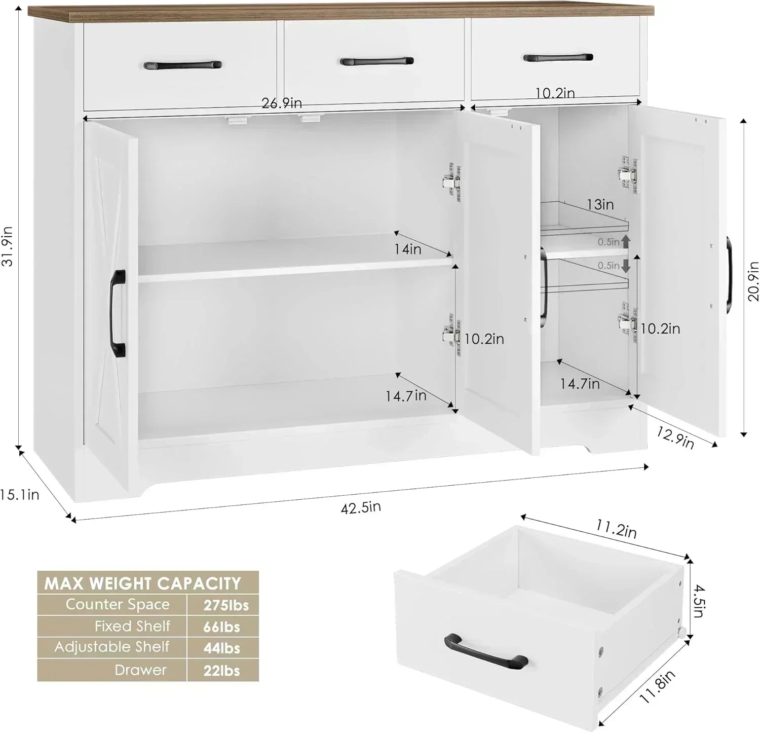 Modern farmhouse sideboard barn door buffet storage cabinet with drawers and shelves