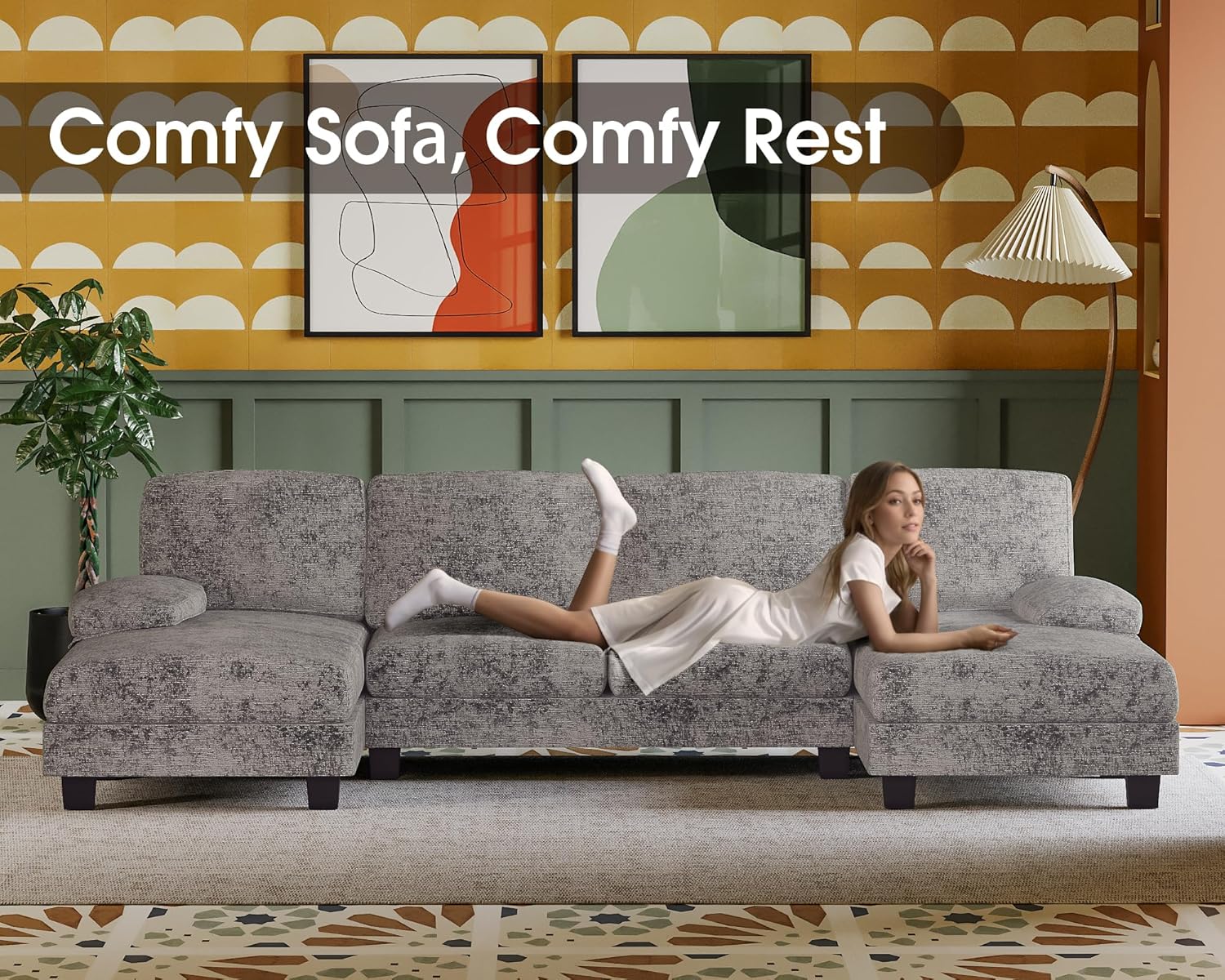 Furmax Sectional Couches for Living Room U-Shaped Sofa Couch Linen Fabric 4 Seat Sofa Set