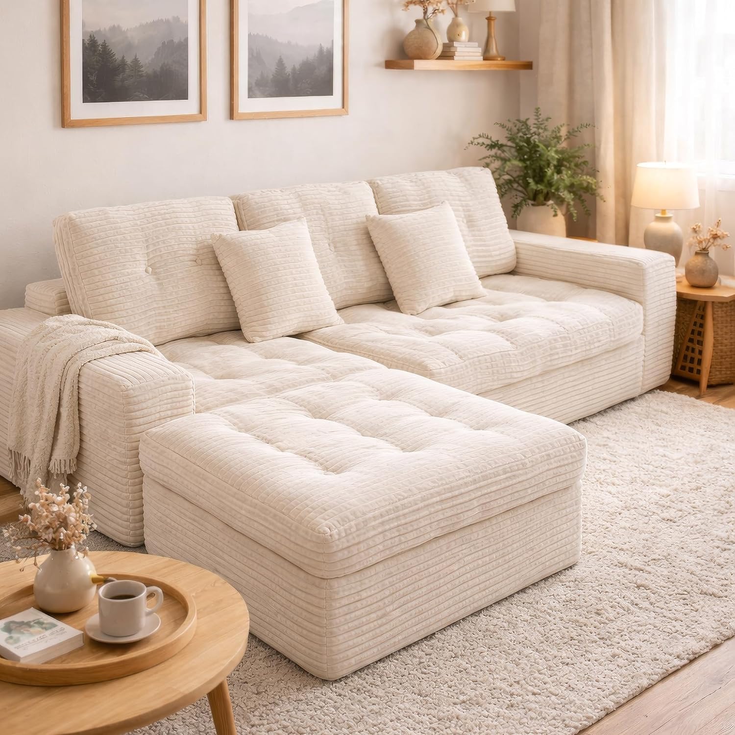 135 Oversized Compressed Sectional Sofa - 33D High-Density Foam Cloud Couch with Deep Seat - Minimalist 3-Piece Corduroy Upholstered Boneless Modular Lounge Couch | Breathable material, Full Foam, Anti-slip