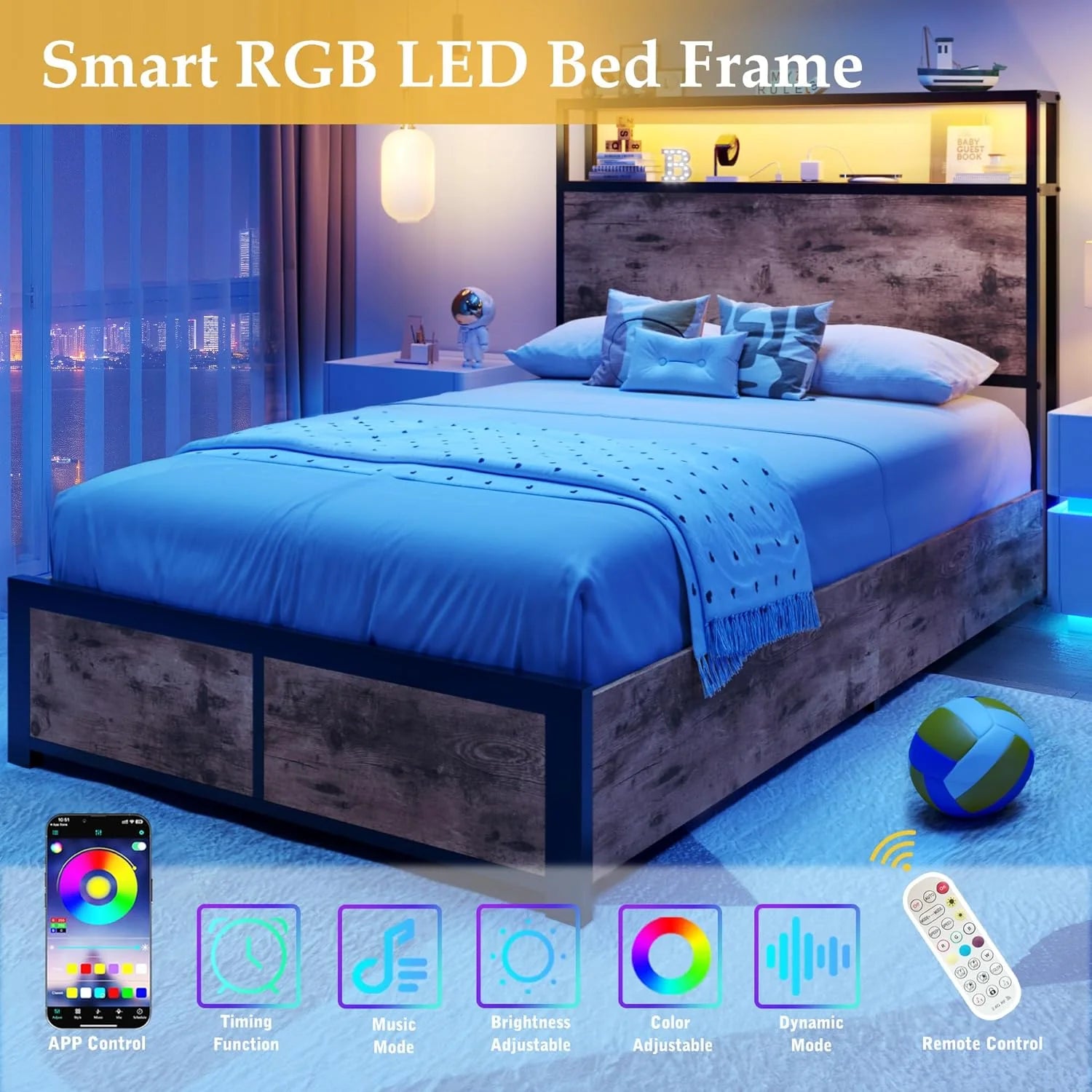 Lifezone Queen Bed Frame with 2-Tier Storage Headboard, Metal Platform Bed Frame with 4 Storage Drawers, Built in Charging Station & LED, Noise-Free/Metal Support/No Box Spring Needed