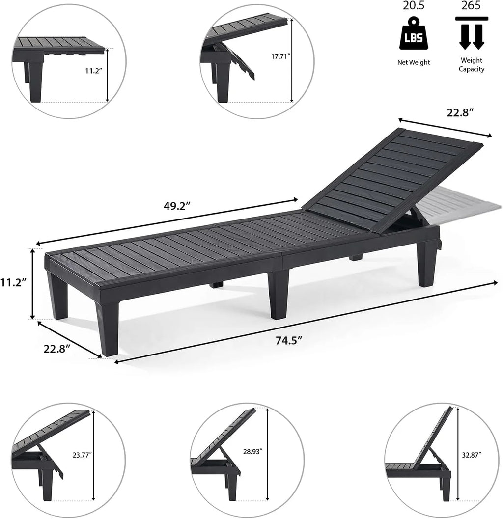 Patio Chairs - Black Chaise Lounge Chair Outdoor 5-Position Adjustable Sun Tanning Chair Waterproof Pool Lounge Chairs Set of 2 Reclining Lawn Chair, Lightweight Outdoor Lounge Chairs