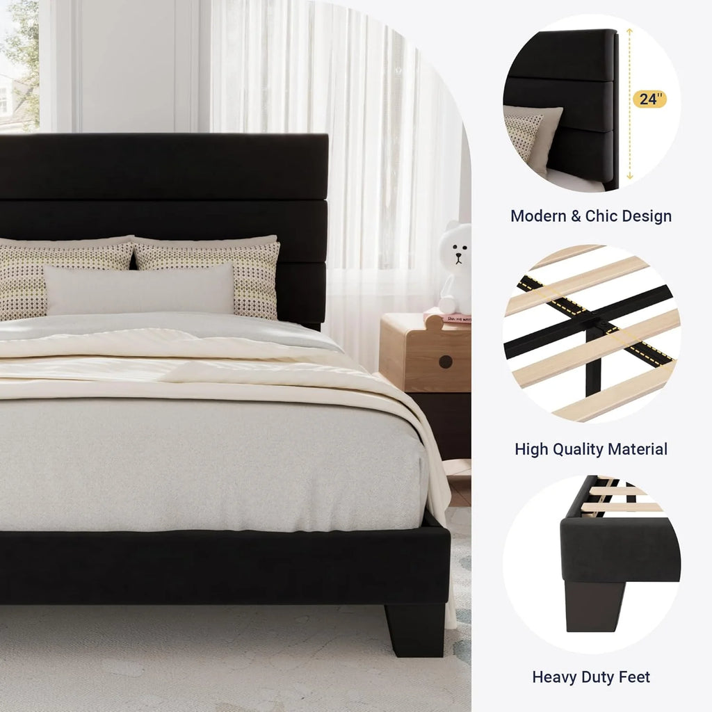 Allewie Queen Size Platform Bed Frame Fabric Upholstered Headboard Wooden Slats Support