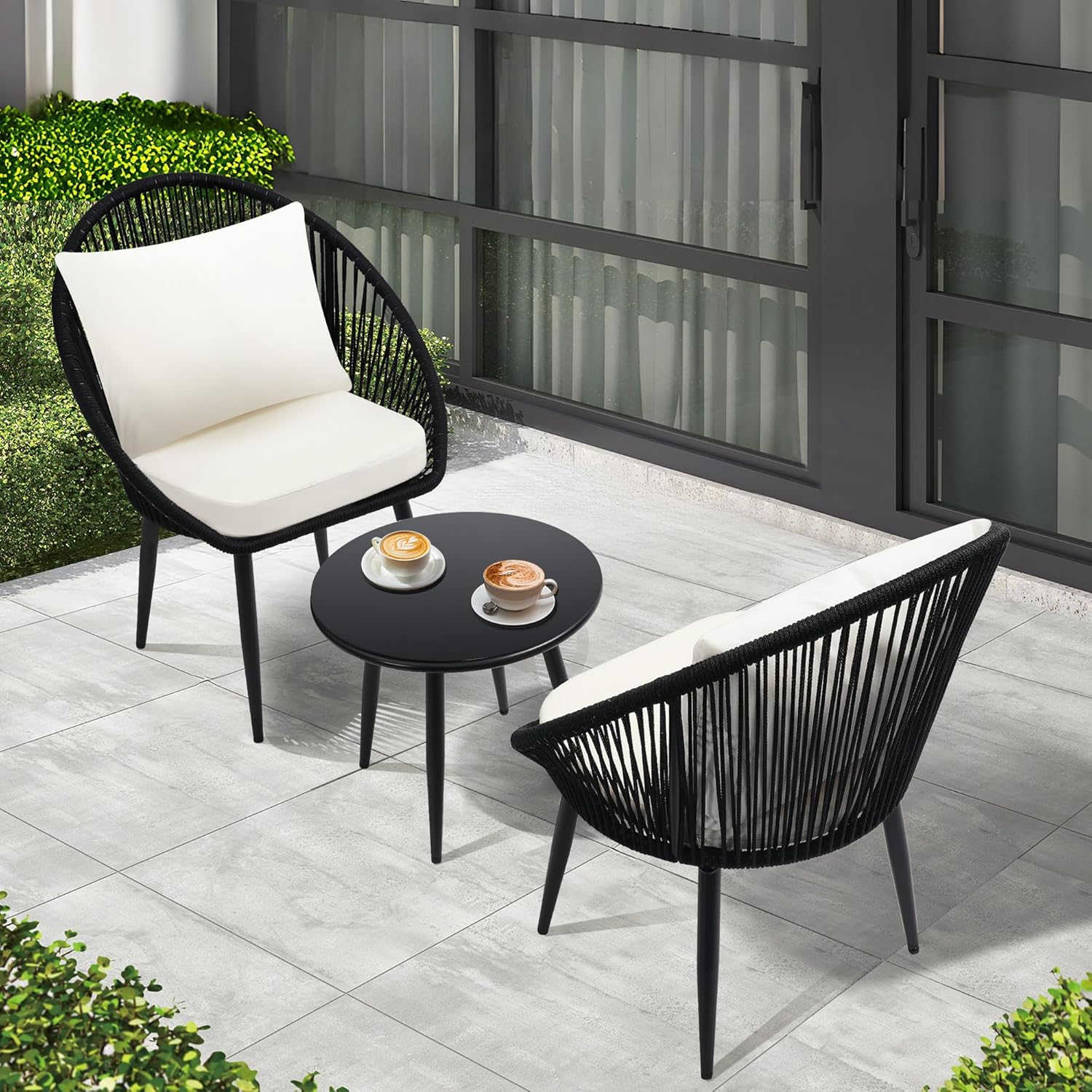 3 Piece Bistro Set Woven Rope Chair with Cushions All Weather Patio Conversation Set Side Table