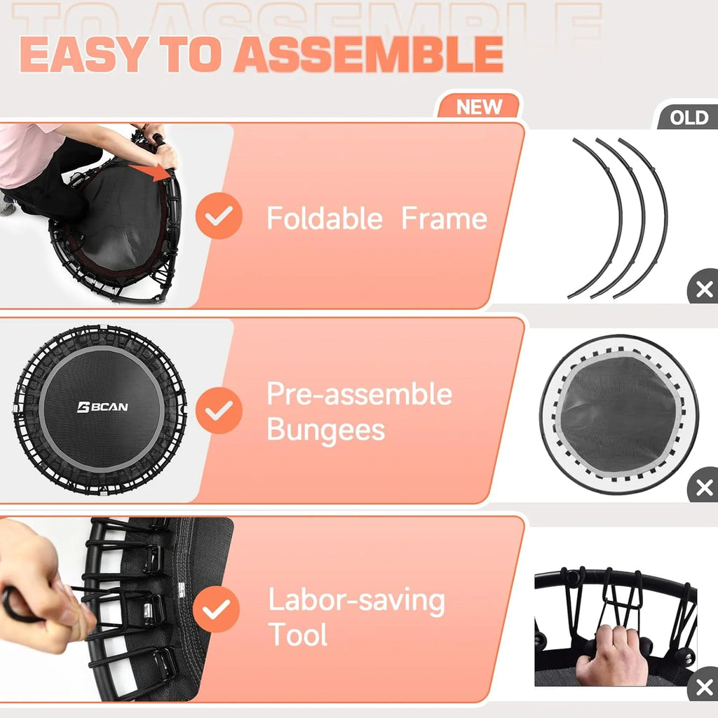 BCAN 450/550 LBS Foldable Mini Trampoline, 40/48 Fitness Trampoline with Bungees, U Shape Adjustable Foam Handle, Stable & Quiet Exercise Rebounder for Adults Indoor/Outdoor Workout
