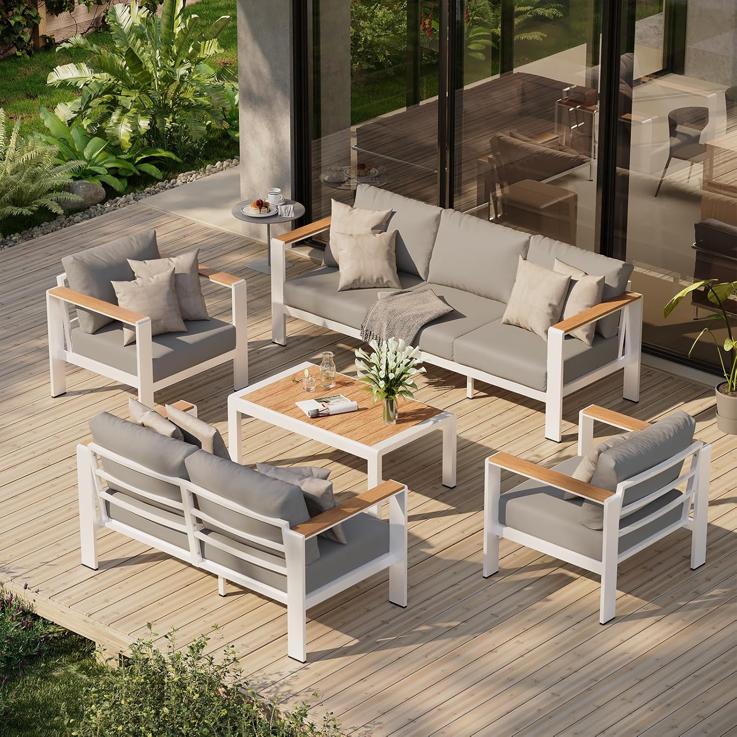 Aluminum Outdoor Patio Furniture Set with Coffee Table, 5 Piece Patio Conversation Sets, Outdoor Sectional Furniture for Porch, Balcony, Yard, Gray
