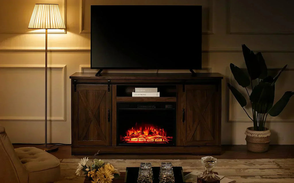 AMERLIFE Fireplace TV Stand with Sliding Barn Door  Farmhouse 63 Fireplace Entertainment Center