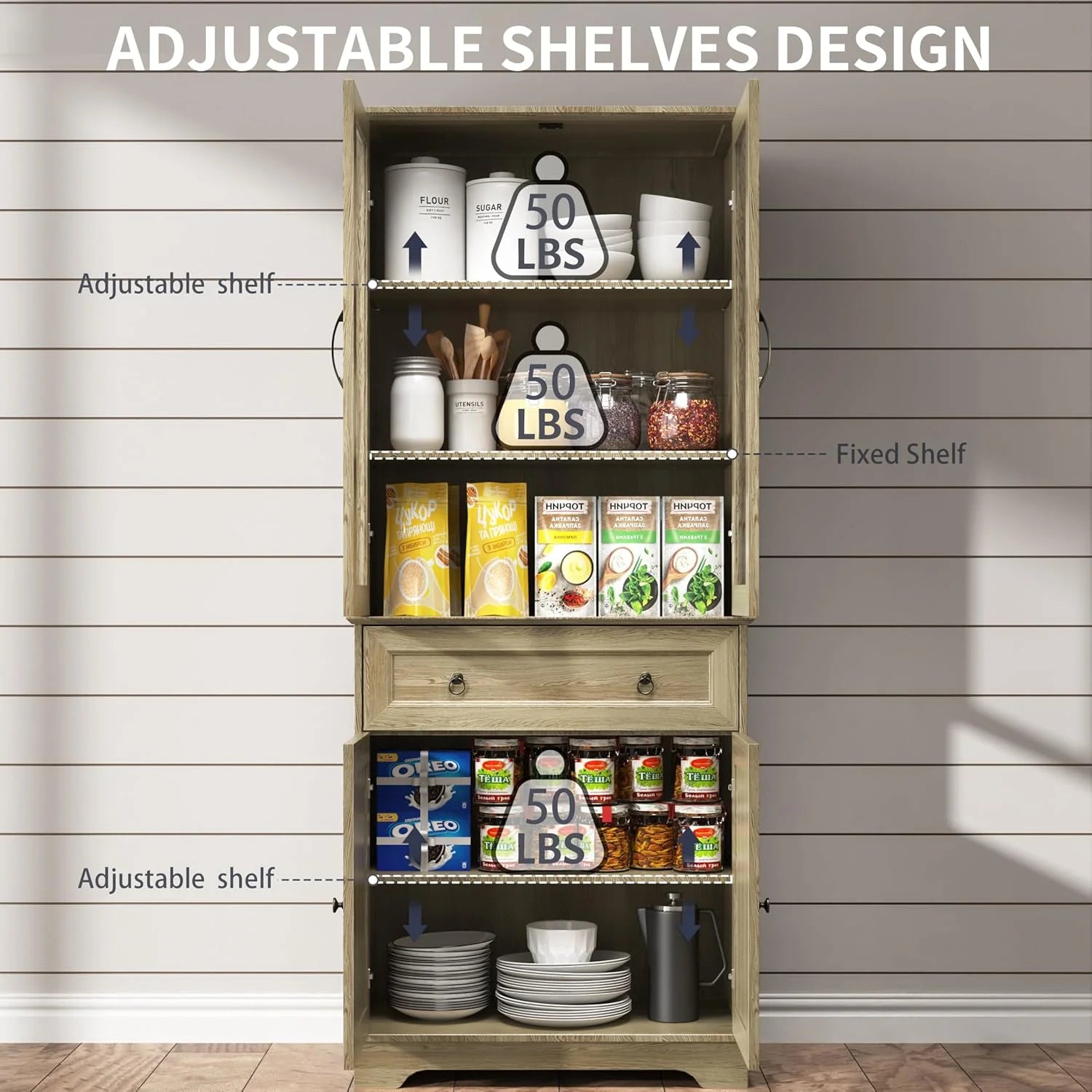 Kitchen Hutch Pantry Cabinet 71 Tall with Glass Doors