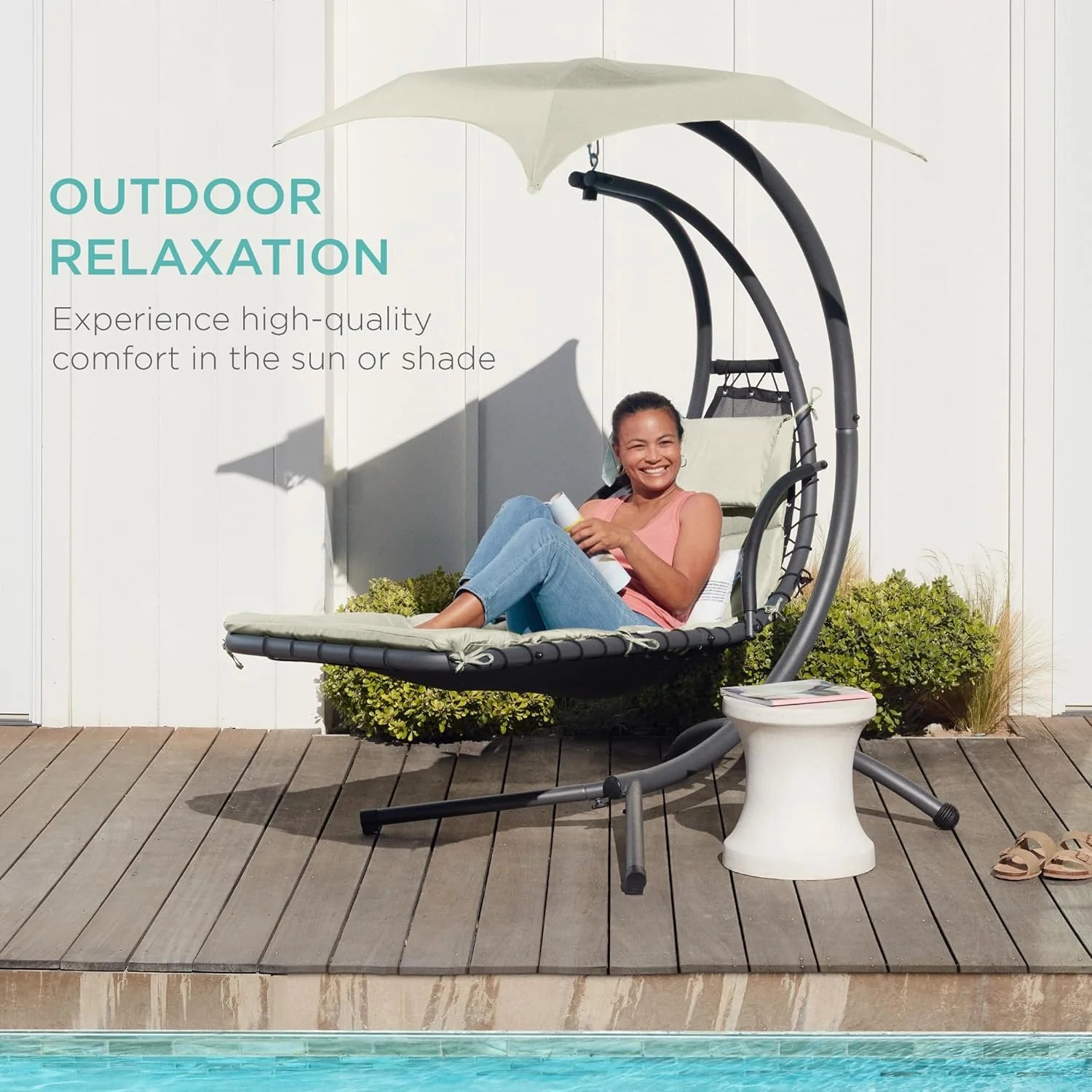 Best Choice Products Outdoor Hanging Curved Steel Chaise Lounge Chair Swing w/Built-in Pillow and Removable Canopy - Teal