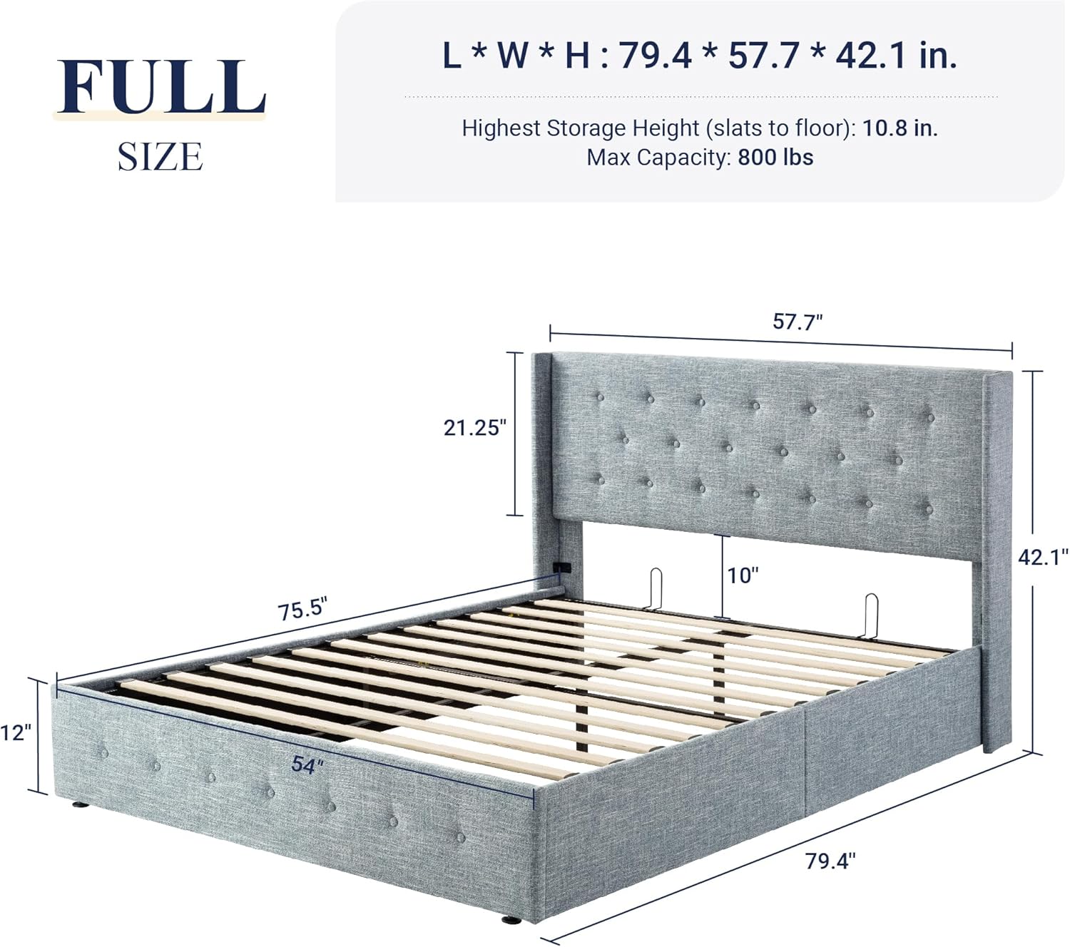 Allewie Queen Size Lift Up Storage Bed Modern Wingback Headboard Hydraulic Support
