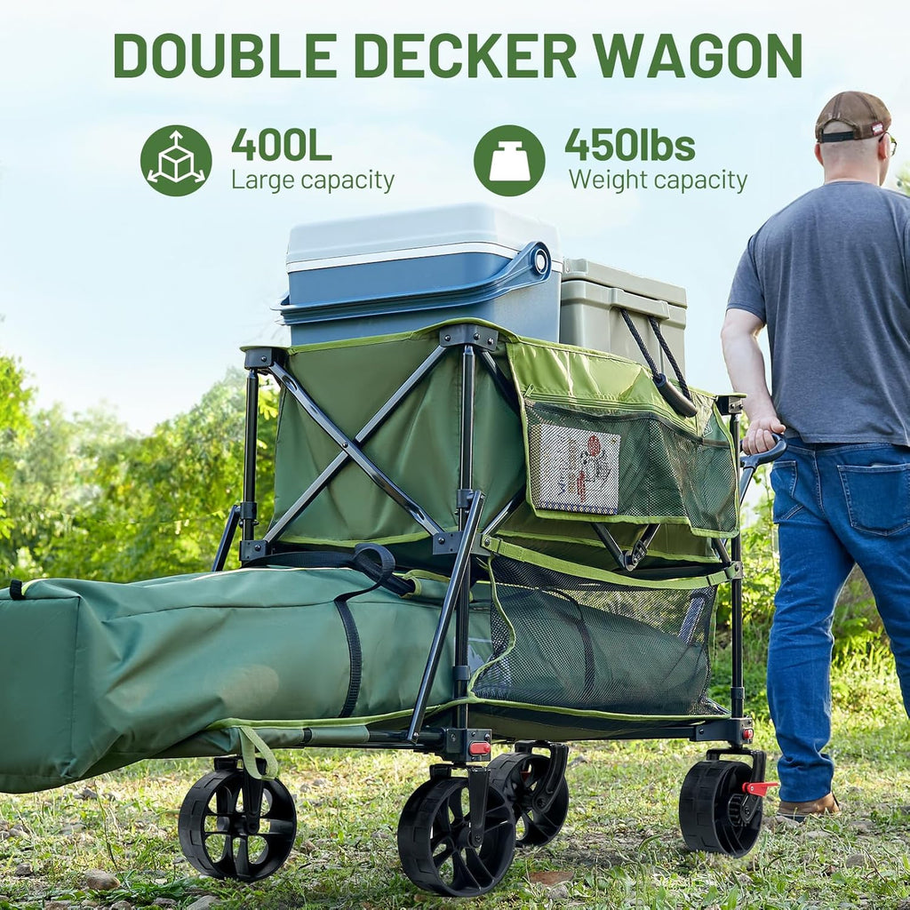 400L Large Capacity Folding Double Decker Cart with Brakes 54 Inch Extra Long Extended Cart
