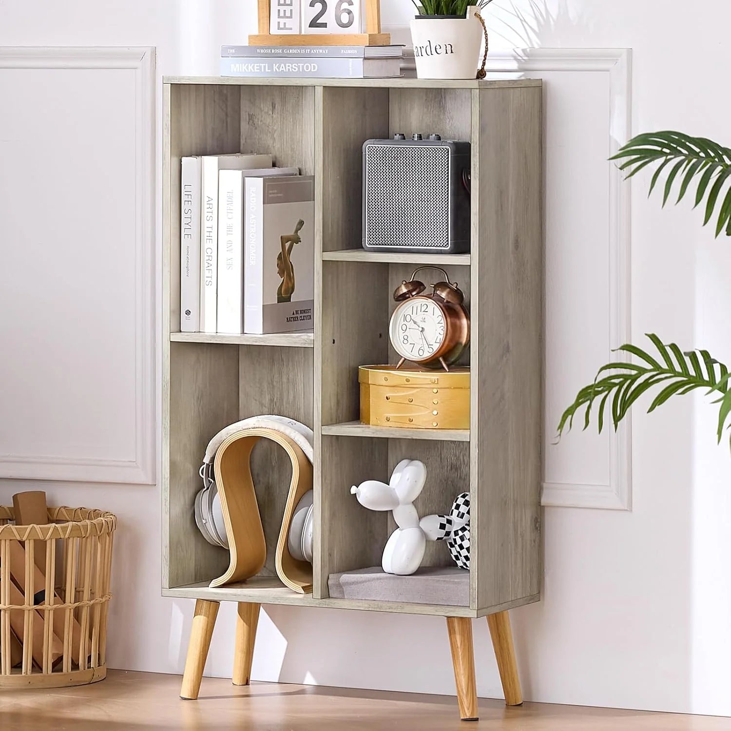 LEYAOYAO Wooden 7 Cube Book Shelf Natural Bookshelf Legs Modern Open Storage Organizer