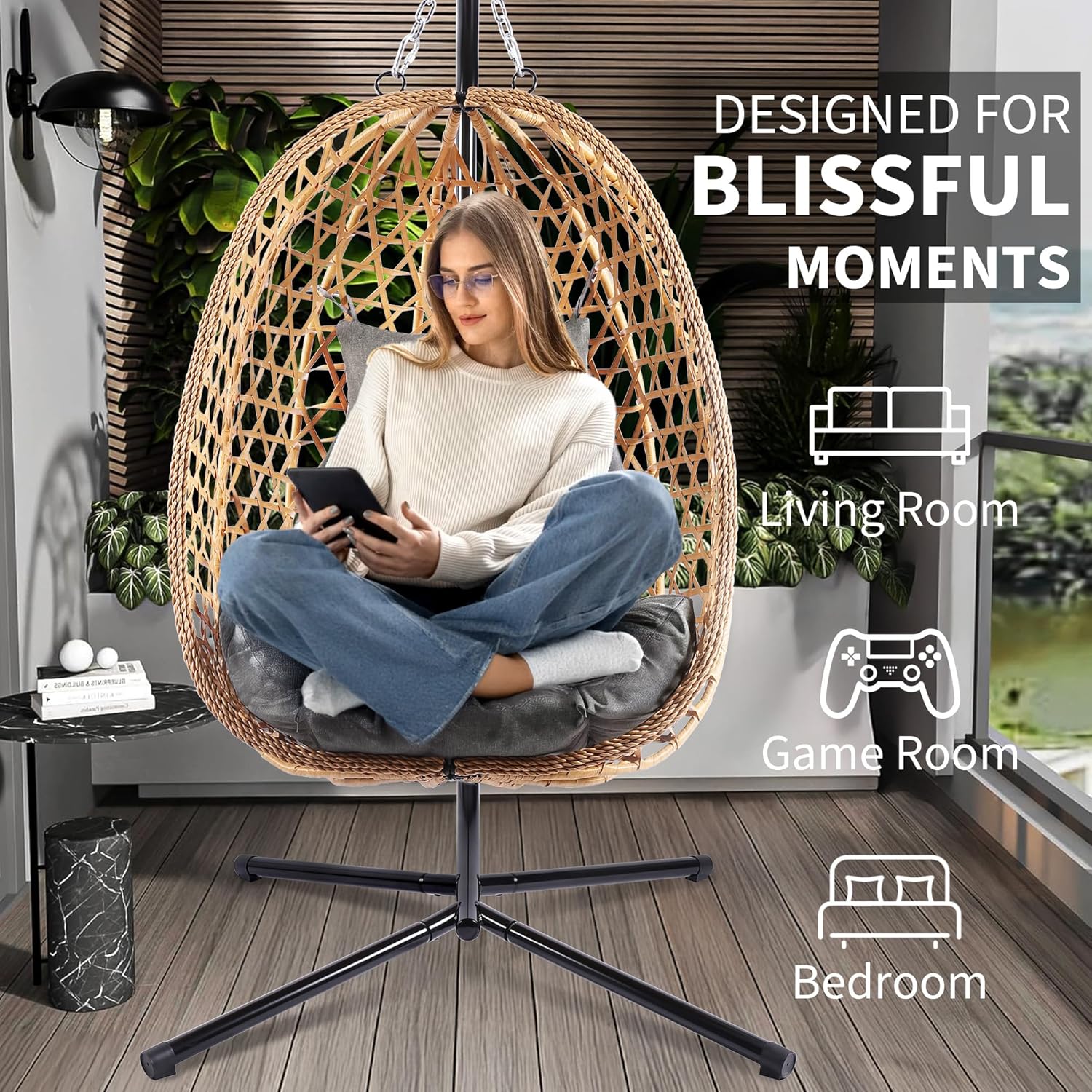 Egg Chair with Stand Patio Wicker Hanging Chair Hammock Swing Chair 350LBS Capacity for Bedroom