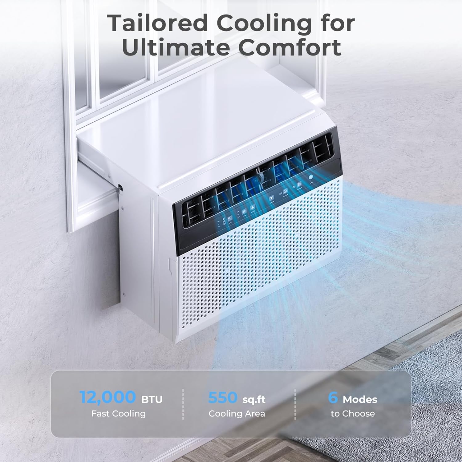 U-Shaped Window Air Conditioner, 12000BTU Window AC Unit, Cools up to 550 sq. ft., 6 Modes, Saddle Shape Window AC Unit, Full Window View, Energy Efficient