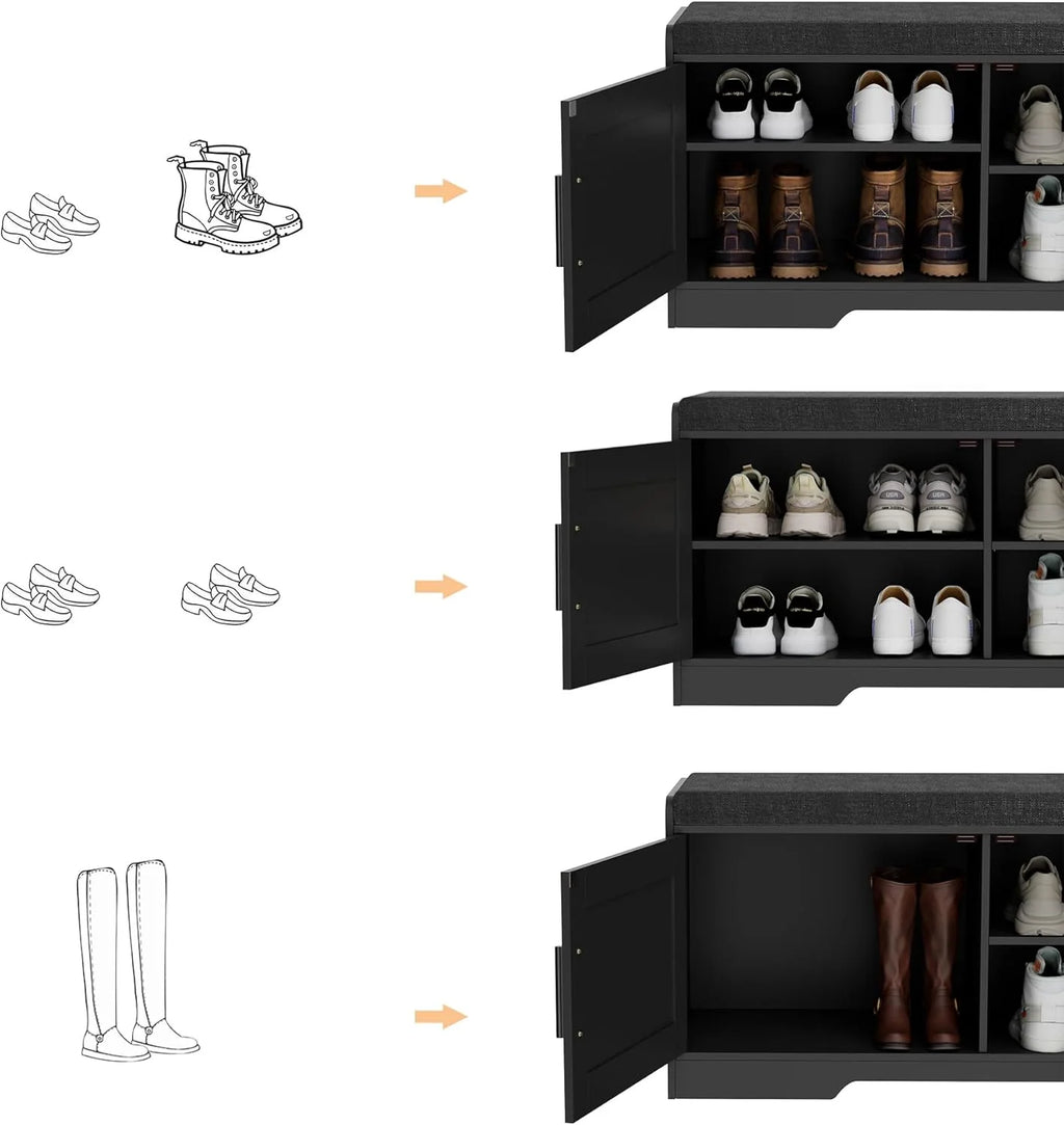 2-Tier Storage Bench, Shoe Bench with Thickened Padded Seat Cushion, Entryway Bench with 4 Doors, Adjustable Shelf, 13.8 D x 45.3 W x 18.5 H, for Entryway, Living Room, Bedroom, White
