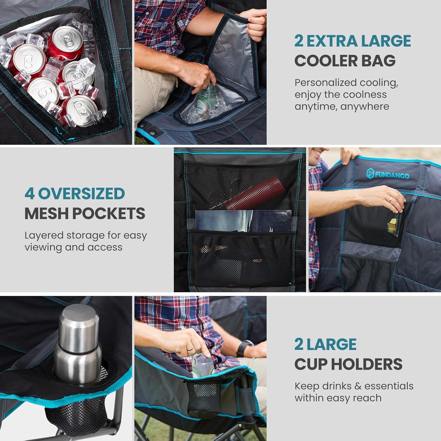 Double Camping Chair Cooler 3-Person Folding Extra Large Camping Chair 1000-Pound Capacity
