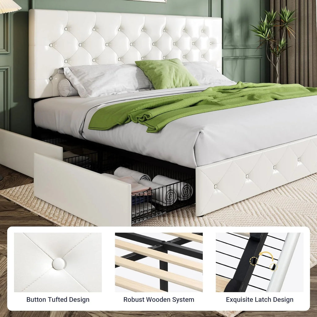 Allewie Upholstered Queen Size Platform Bed Frame with 4 Storage Drawers and Headboard