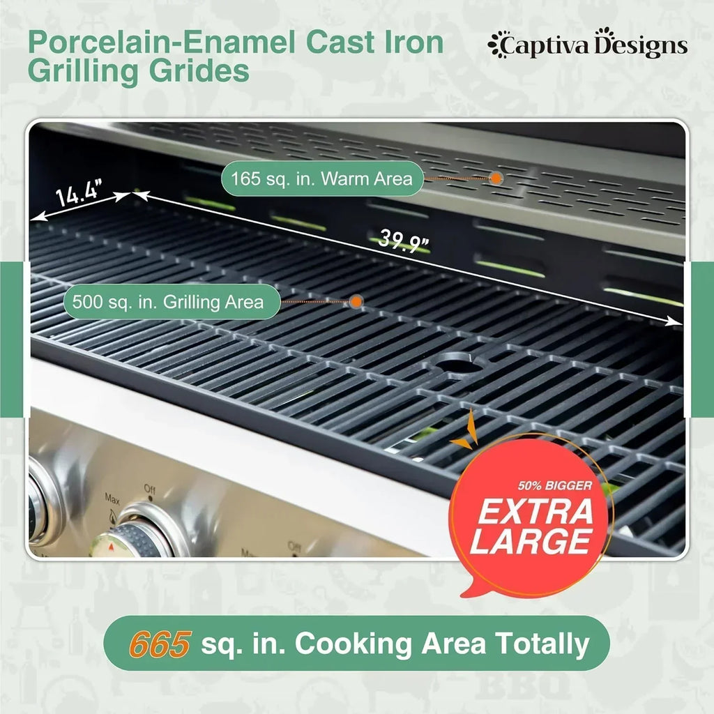 Captiva Designs 4-Burner Propane Gas BBQ Grill Side Burner Porcelain-Enameled Cast Iron Grates