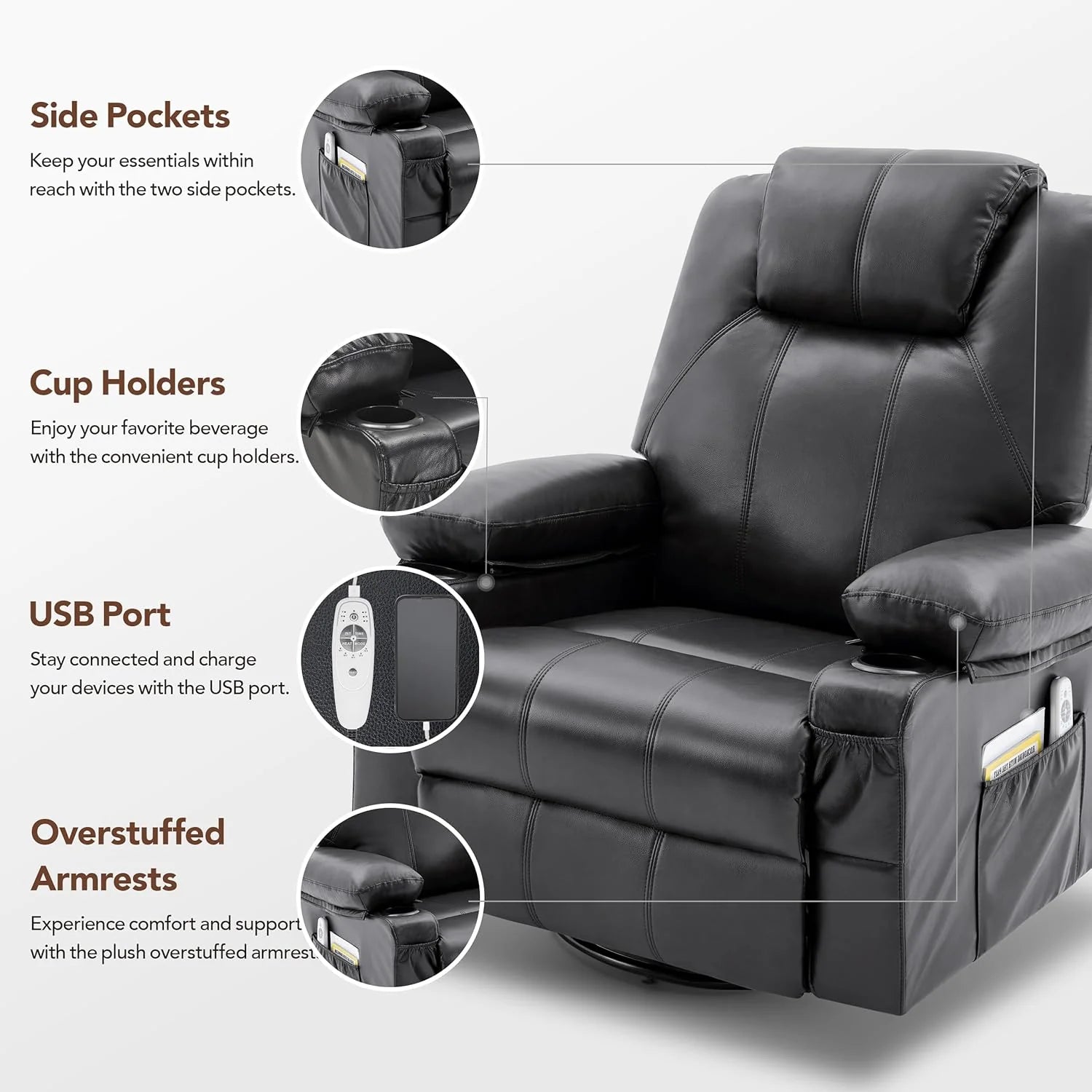 Large Swivel Rocking Recliner with Heating and Massage Function, 360 Degree Swivel Rocking Single Sofa