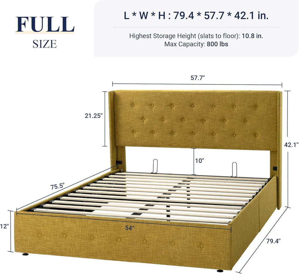 Allewie Queen Size Lift Up Storage Bed Modern Wingback Headboard Hydraulic Support